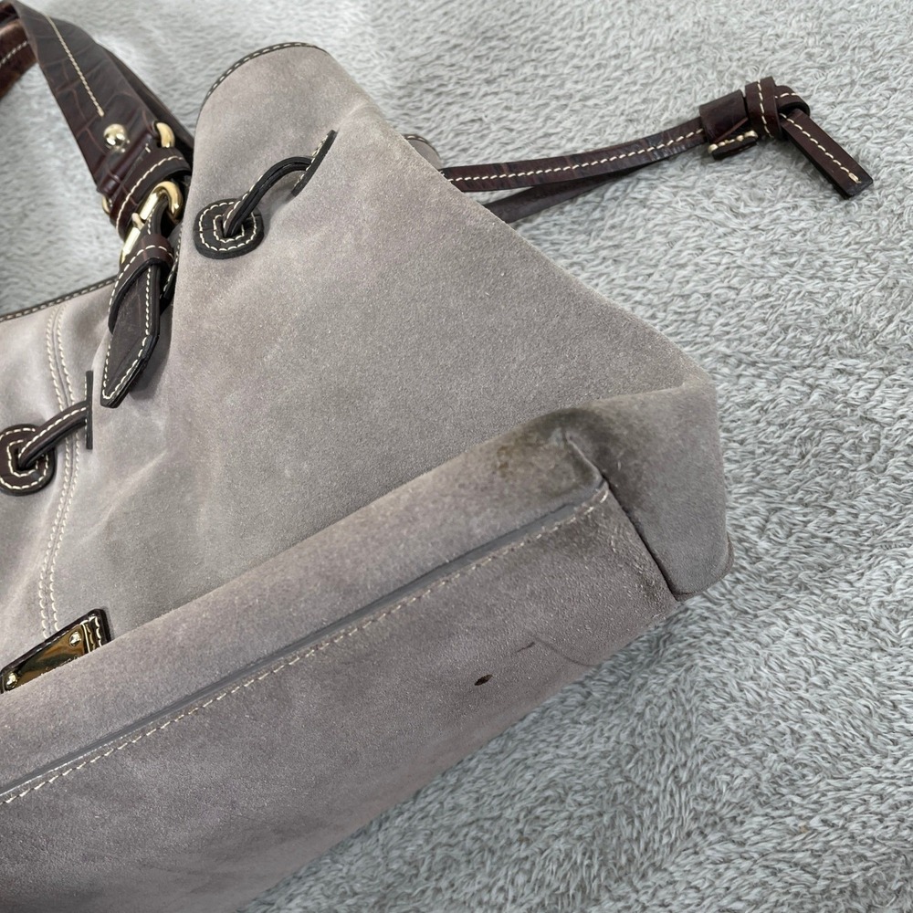 Dooney & Bourke Tote Bag Womens Gray Suede Brown Croc Leather Trim Buckle Hobo - Picture 2 of 13